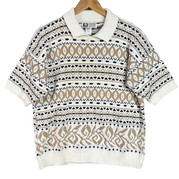 Vintage 90s Made in USA Short Sleeve Knit Sweater L – Retro Geometric Pattern - Picture 1 of 11